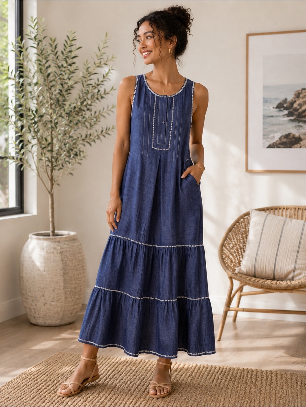 Max Studio Navy Sleeveless Tiered Maxi Dress with Contrast Stitching - Picture 1 of 7
